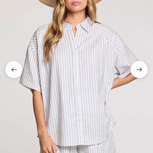 NWT ANTHROPOLOGIE SALTWATER LUXE Blue & White Striped Button-Up Shirt